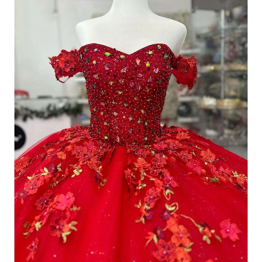 Luxury & Gorgeous Ball Gown Off Shoulder Beaded Lace Appliques Ruffles Red Tulle Quinceanera Dresses Birthday Party Gown for Sweet 16