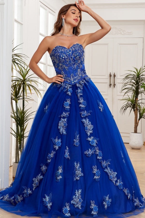 Gorgeous & Luxuru Ball Gown Strapless Sleeveless Beaded Flower Appliques Royal Blue Tulle Quinceanera Dress Formal Evening Party Dress for Sweet 16
