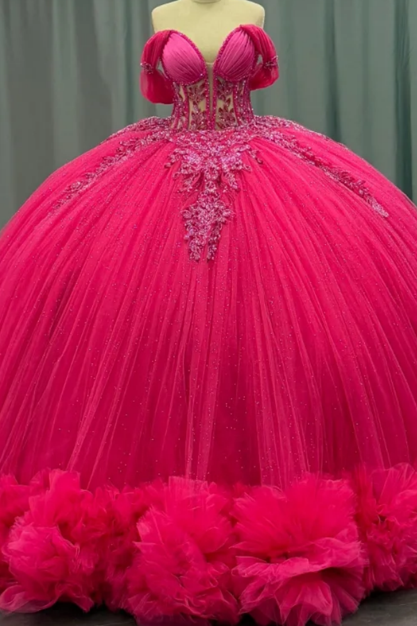 Ball Gown Off Shoulder Sleeveless Pleated Beaded Sequins Fuchsia Tulle Quinceanera Party Dress Birthday Party Gown for Sweet 16