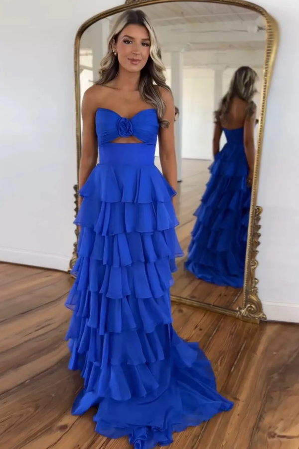 Simple A-Line Strapless Sleeveless Pleated Chiffon Tiered Floor Length Prom Dresses Dress Evening Party Gown
