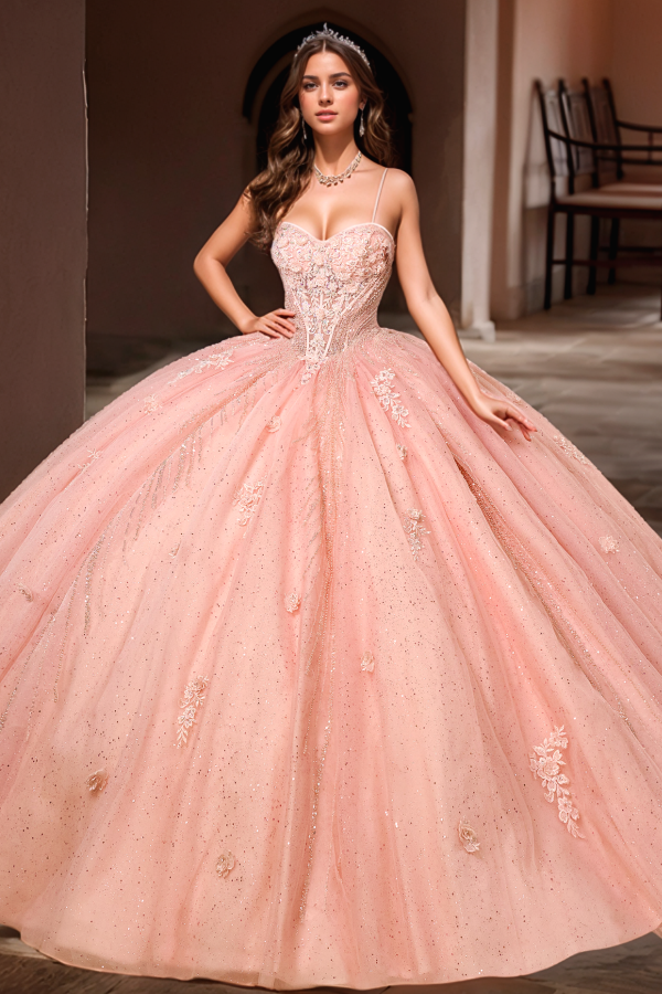 Elegant Ball Gown Sweetheart Neck Spaghetti Straps Flower Lace Appliques Pink Tulle Quinceanera Dress Evening Party Gown