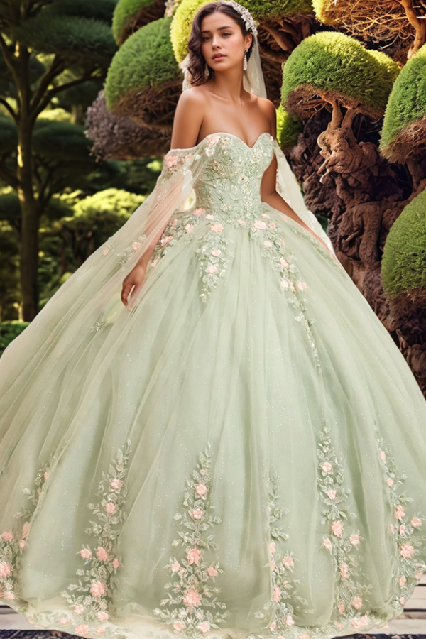 Gorgeous Ball Gown Off Shoulder Sleeveless 3D Flower Appliques Lace Up Light Green Tulle Quinceanera Dress Birthday Party Gown for Sweet 16