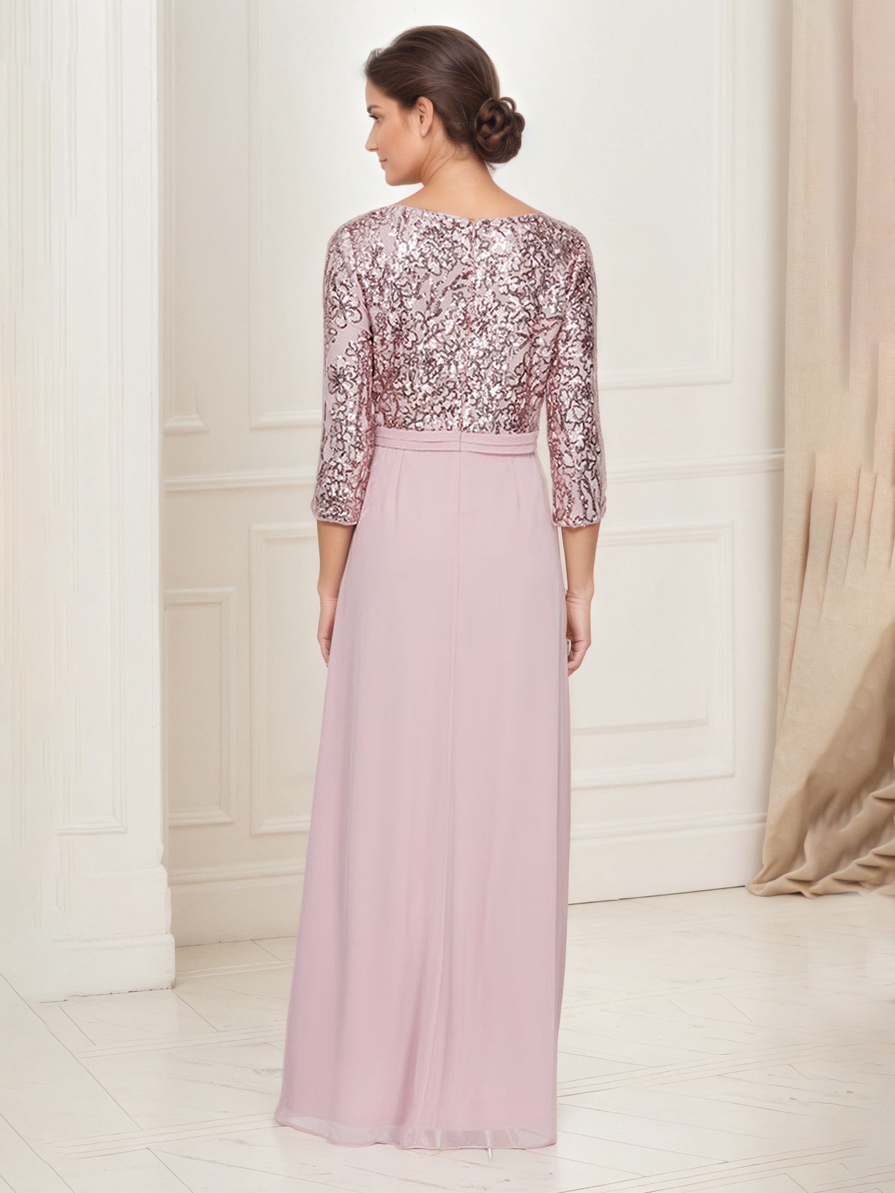 Wisteria A-Line Chiffon Mother of the Bride Dress with V-Neck Sequin Bodice and 3/4 Sleeves