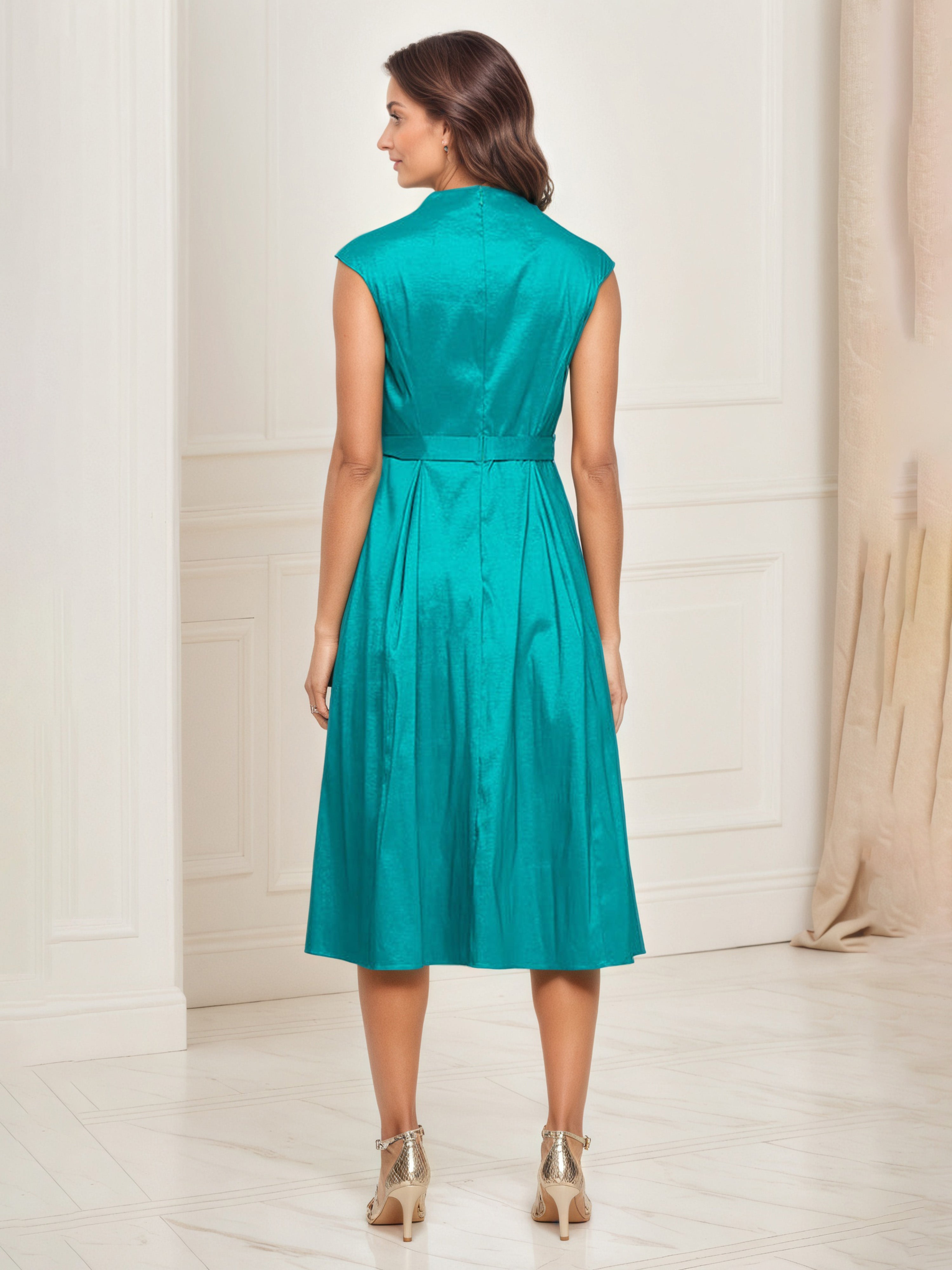 Jade A-Line V-Neck Tea-Length Mother of the Bride Dress with Tie Waist