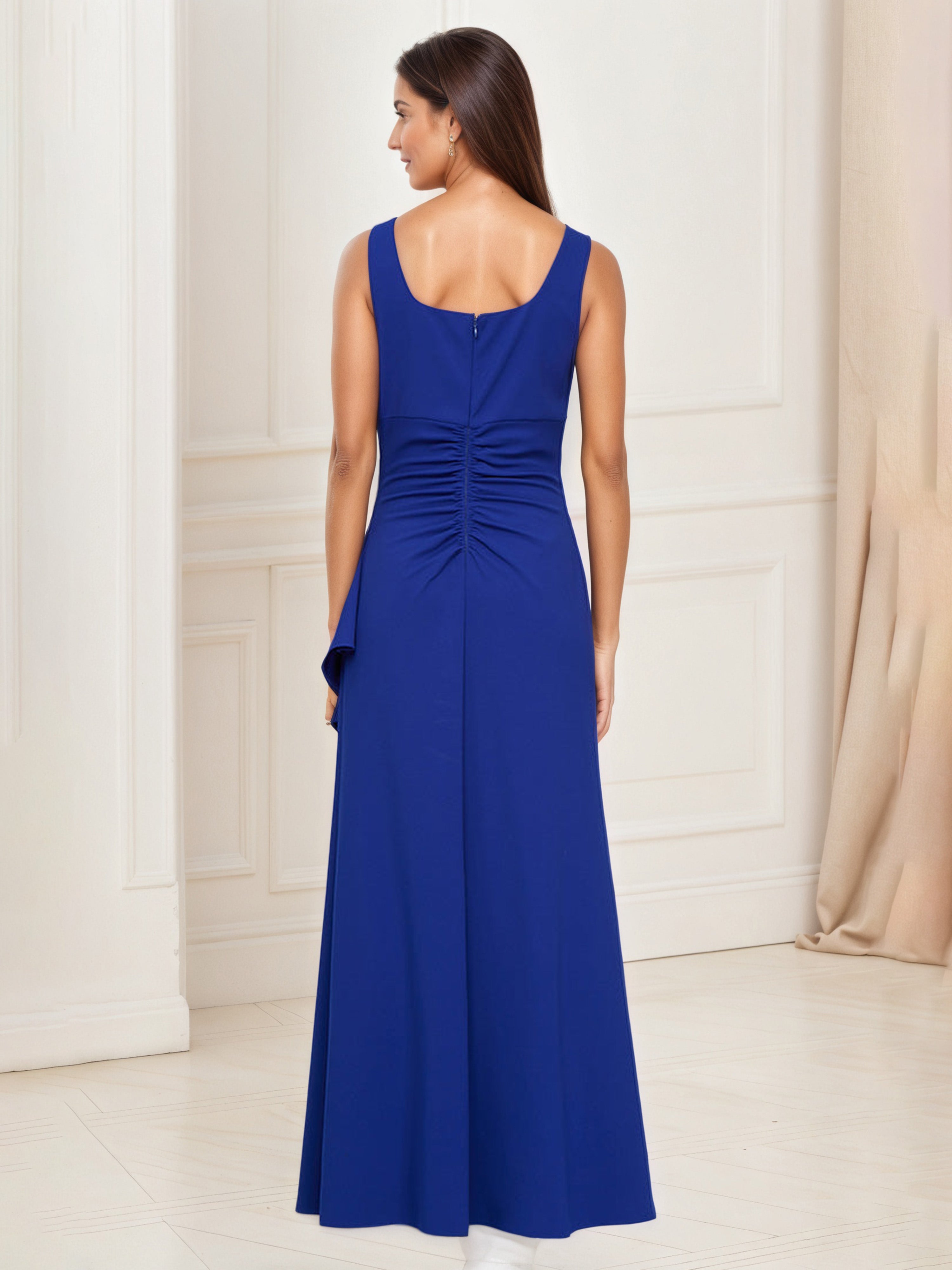 Royal Blue Sheath Mother of the Bride Dress with Embellished Square Neck, Ruffles, and Matching Jacket