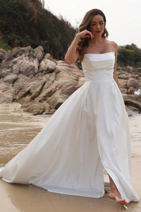 A-Line Strapless Sleeveless Pleated High Side Slit and Train Lace Up Satin Beach Wedding Dress Bride Gown