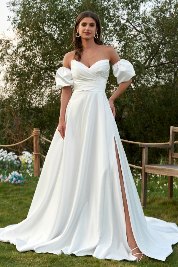 Simle & Elegant A-Line V Neck Detachable Short Lantern Sleeves Satin Wedding Dress Pleated Lace-Up Side Slit Bridal Gown