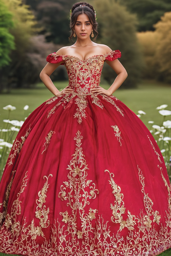 Sexy & Hot Ball Gown Off Shoulder Gold Flower Appliques Lace Up Tiered Red Tulle Quinceanera Dress Birthday Party Dress for Sweet 16