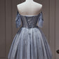 Dusty Blue Beading Off The Shoulder Tulle Short Homecoming Dresses