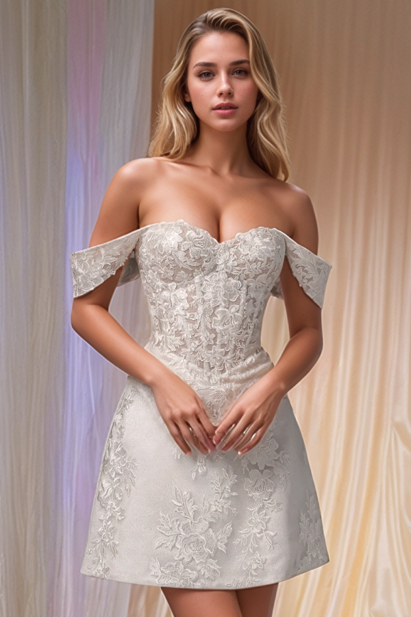 Elegant A-Line Off Shoulder Sleeveless Fully Appliques Lace Up Knee Length Mini Wedding Gown Bride Dress