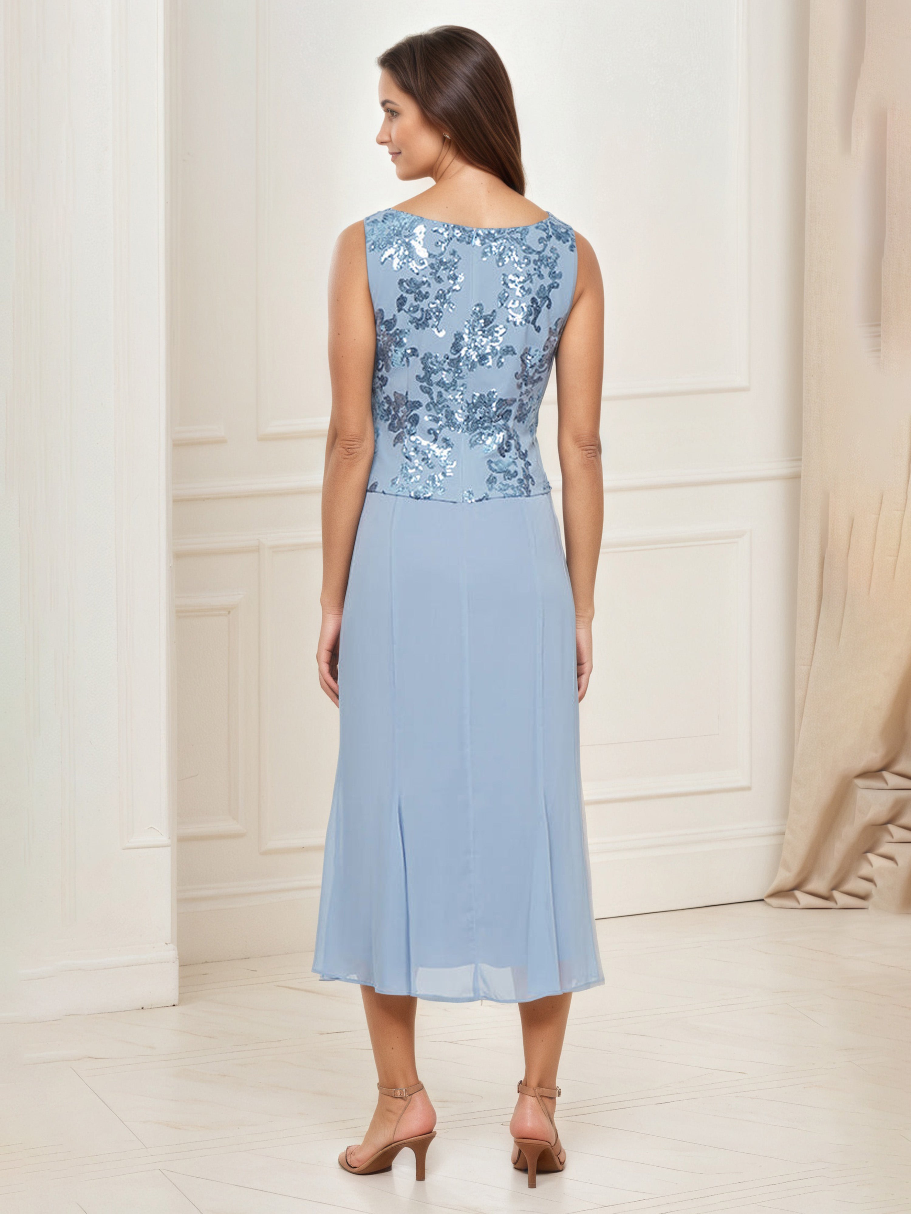 Blue Tea-Length Square Neck Sheath Mother of the Bride Dress with Sequin Detailing and Matching Jacket