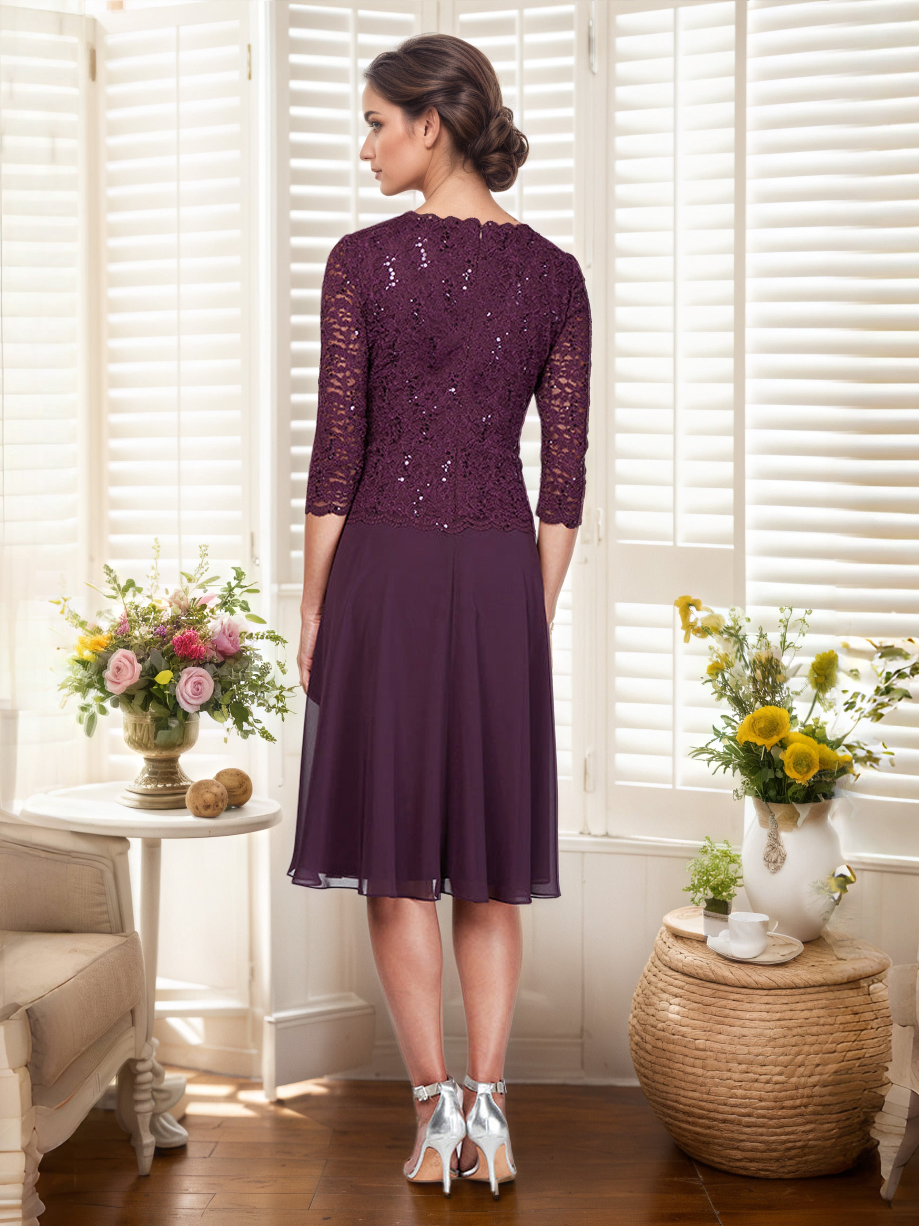 Cabernet A-Line Lace Top 3/4 Length Sleeves Chiffon Mother Of The Bride Dress