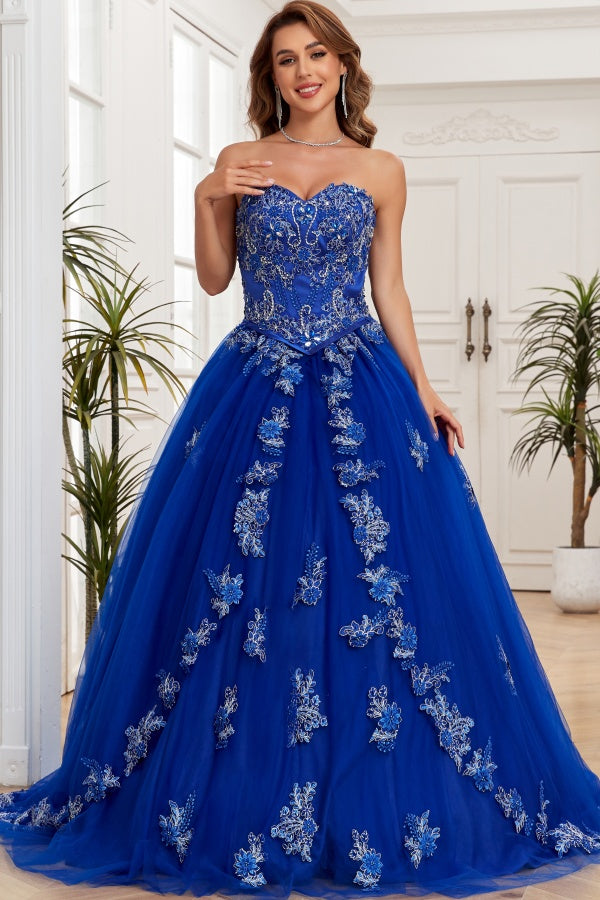 Gorgeous & Luxuru Ball Gown Strapless Sleeveless Beaded Flower Appliques Royal Blue Tulle Quinceanera Dress Formal Evening Party Dress for Sweet 16