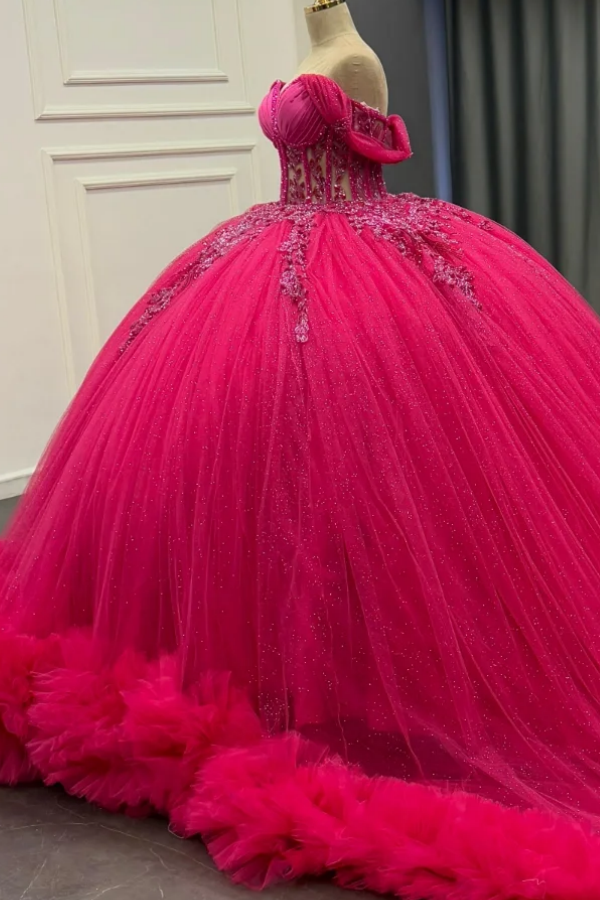 Ball Gown Off Shoulder Sleeveless Pleated Beaded Sequins Fuchsia Tulle Quinceanera Party Dress Birthday Party Gown for Sweet 16