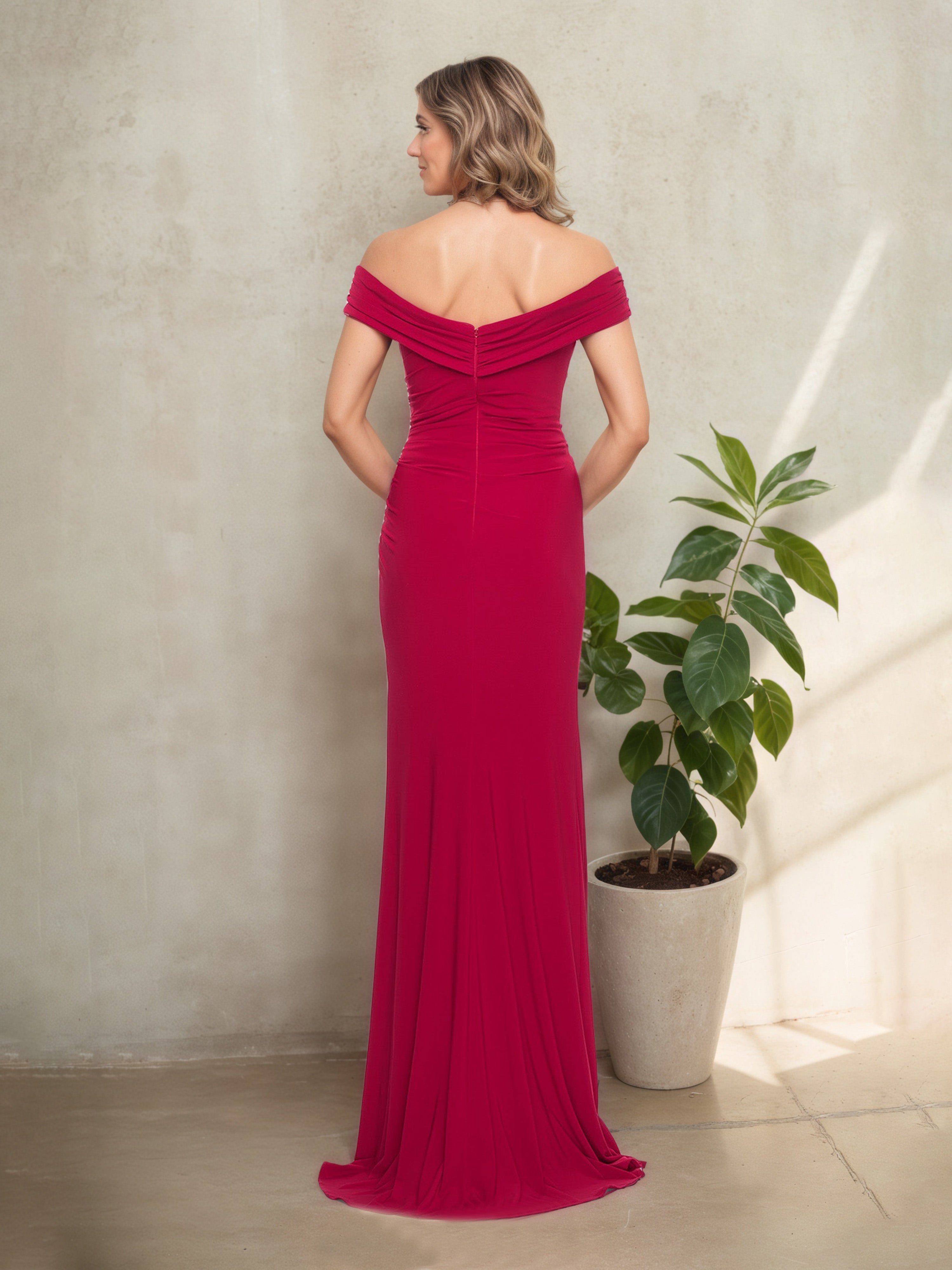 Magenta Off-the-Shoulder Sheath/Column Mother of the Bride Dress with Pleated Design