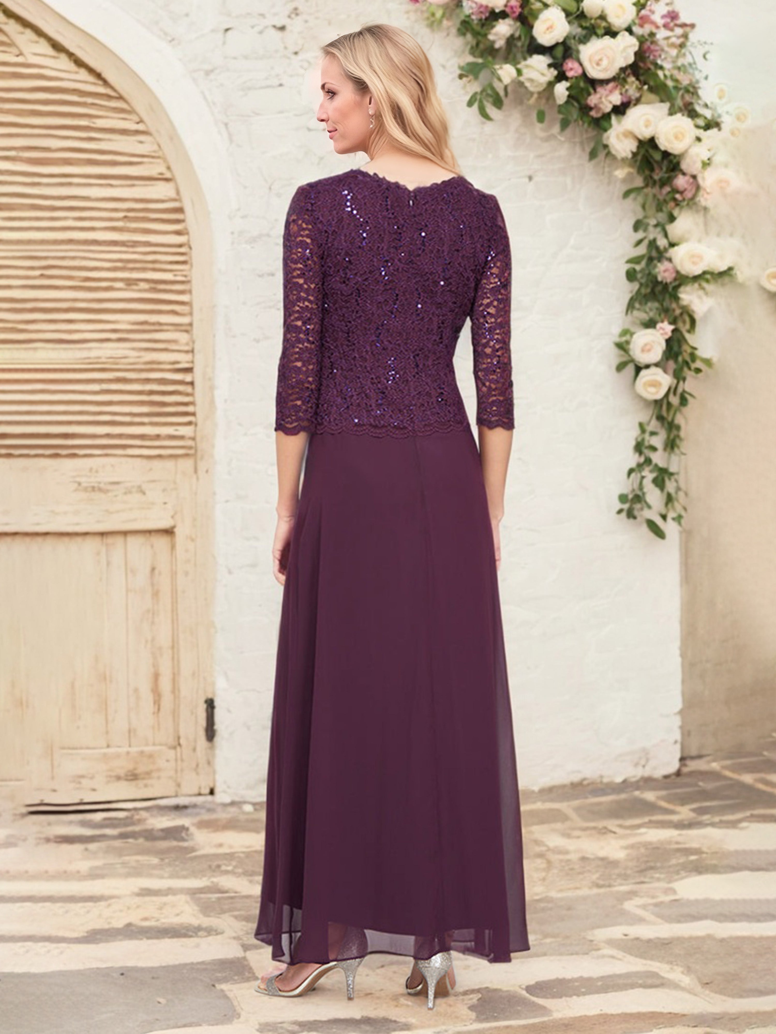 Cabernet Mock Two-Piece Chiffon Mother of the Bride Dress with Lace Bodice and 3/4-Length Sleeves