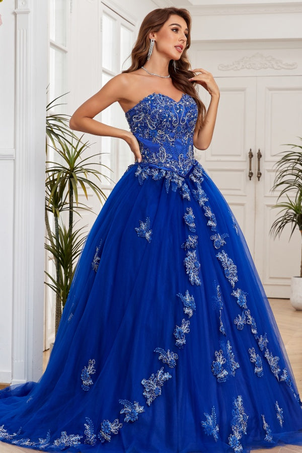 Gorgeous & Luxuru Ball Gown Strapless Sleeveless Beaded Flower Appliques Royal Blue Tulle Quinceanera Dress Formal Evening Party Dress for Sweet 16