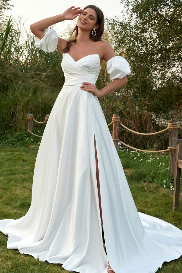 Simle & Elegant A-Line V Neck Detachable Short Lantern Sleeves Satin Wedding Dress Pleated Lace-Up Side Slit Bridal Gown