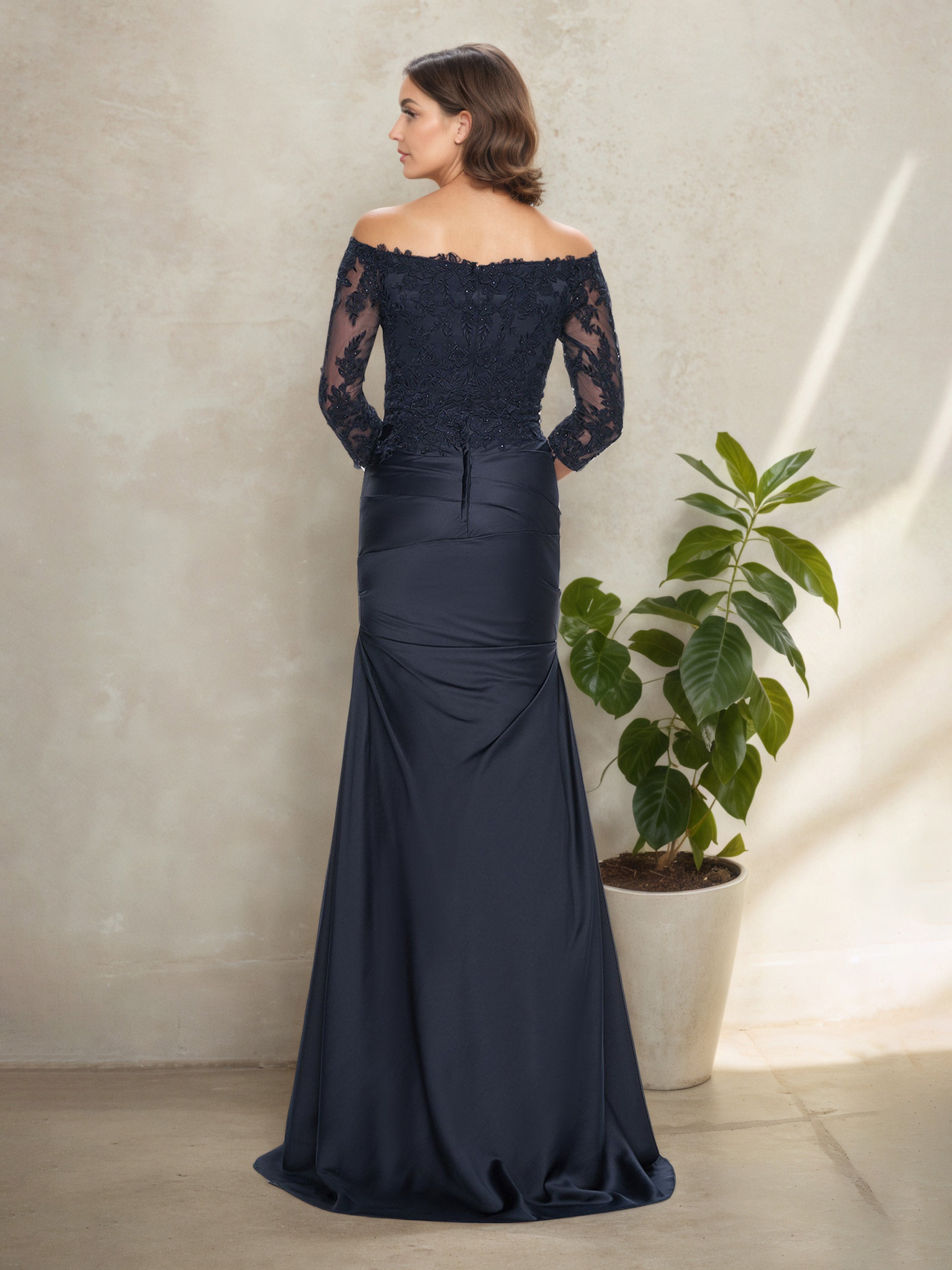 Dark Navy Ruched Off-the-Shoulder Long Sleeve Mother of the Bride Dress
