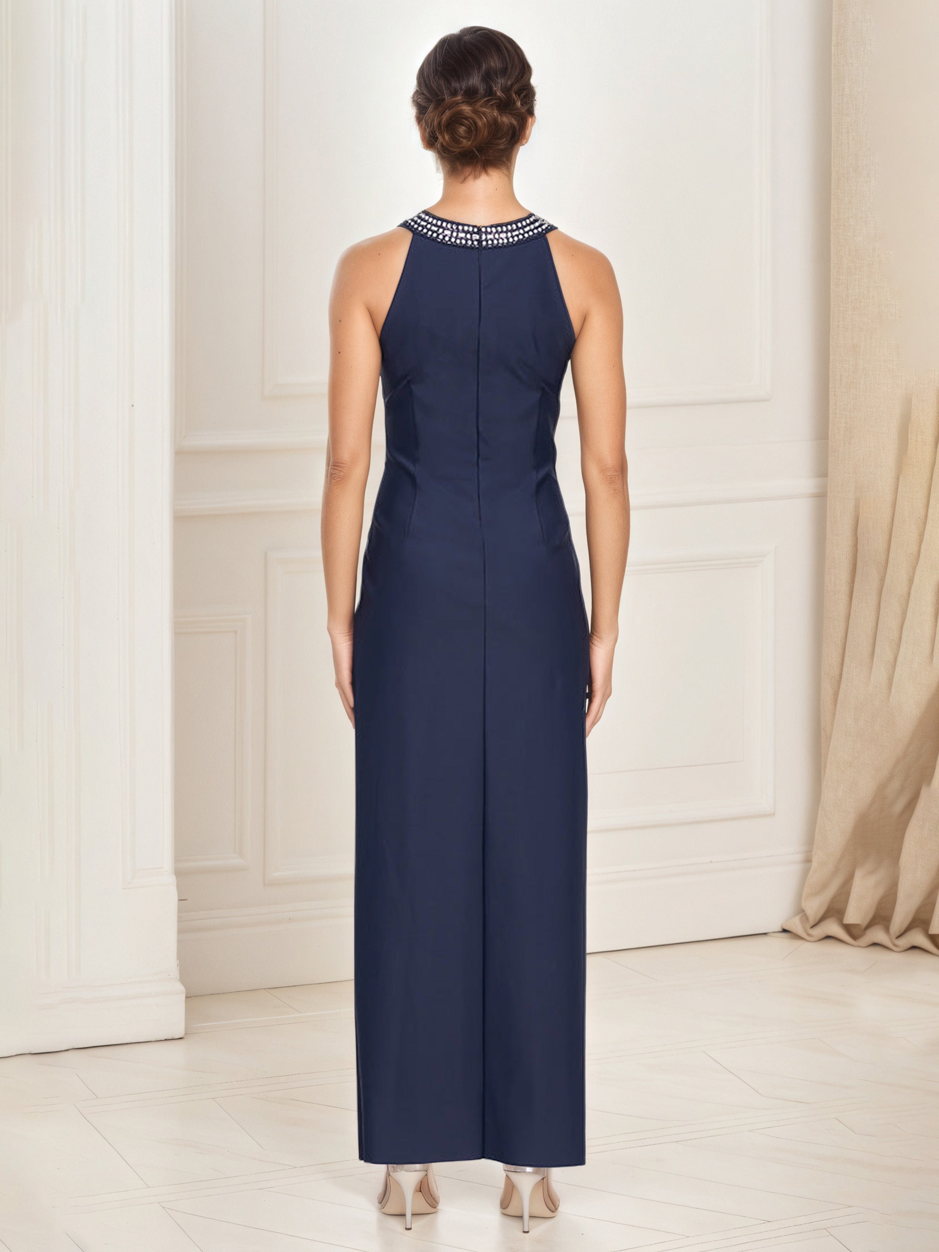 Dark Navy Beaded Halter Neck Sheath/Column Mother of the Bride Dress