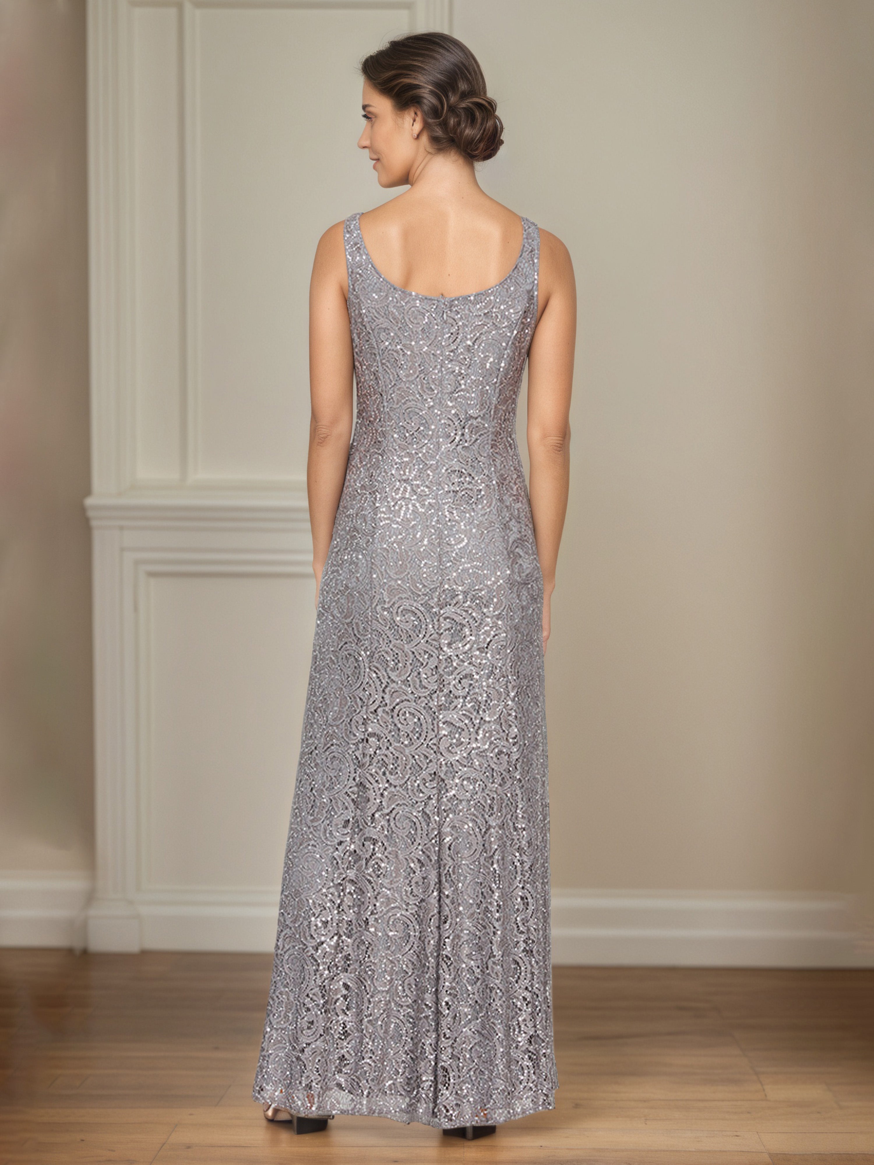 Gray Lace A-Line Mother Of The Bride Dress with 3/4 Length Sleeves Illusion Jacket