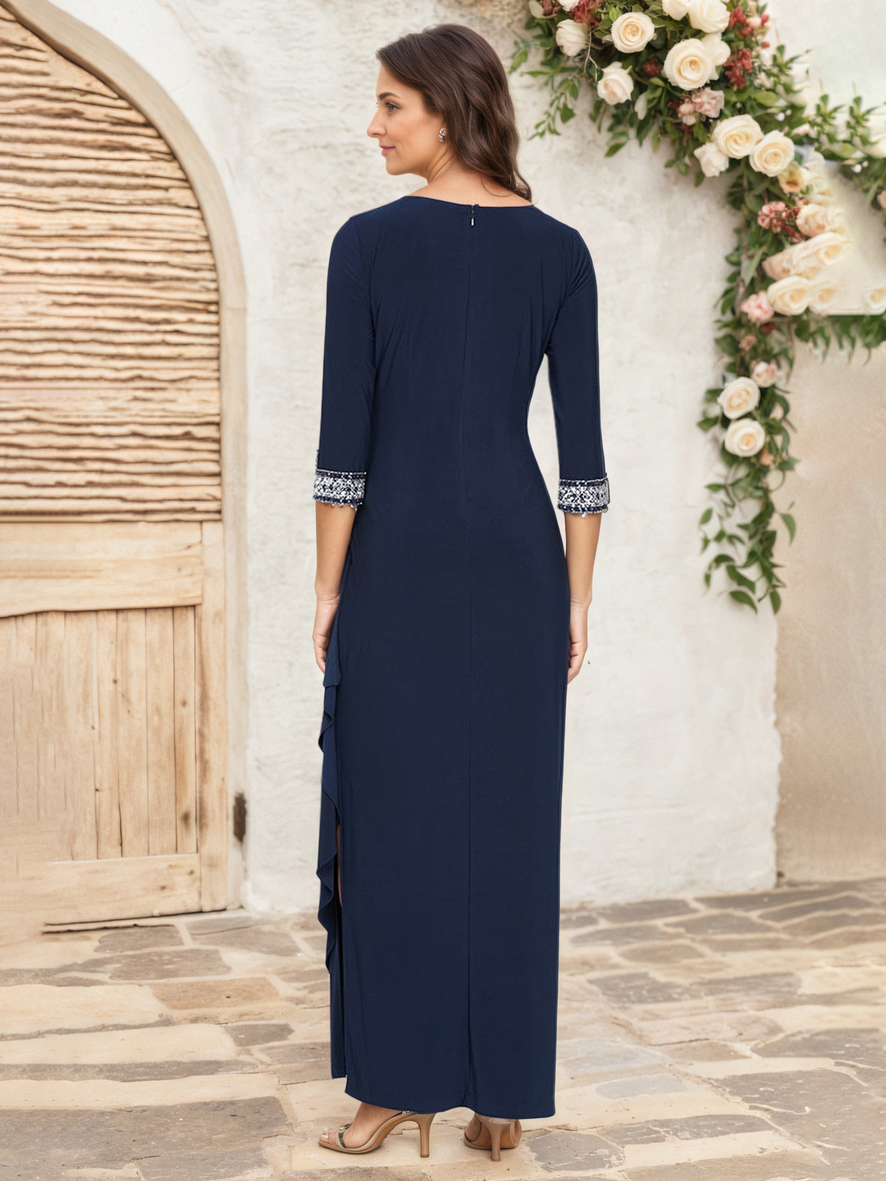 Dark Navy Mother of The Bride Dress with Keyhole Cutout Neckline and Embellished Sleeves