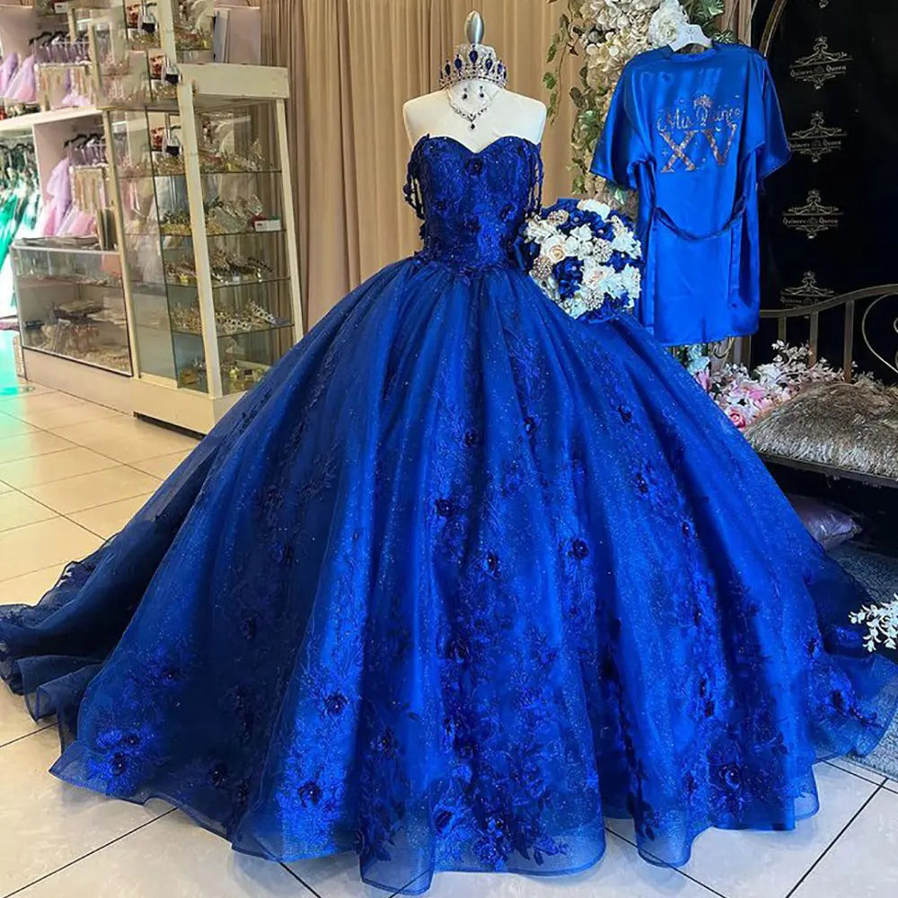 Elegant & Glitter Ball Gown Off Shoulder 3D Flower Lace Appliques Royal Blue Tulle Quinceanera Dress Princess Birthday Party Dress for Sweet 16