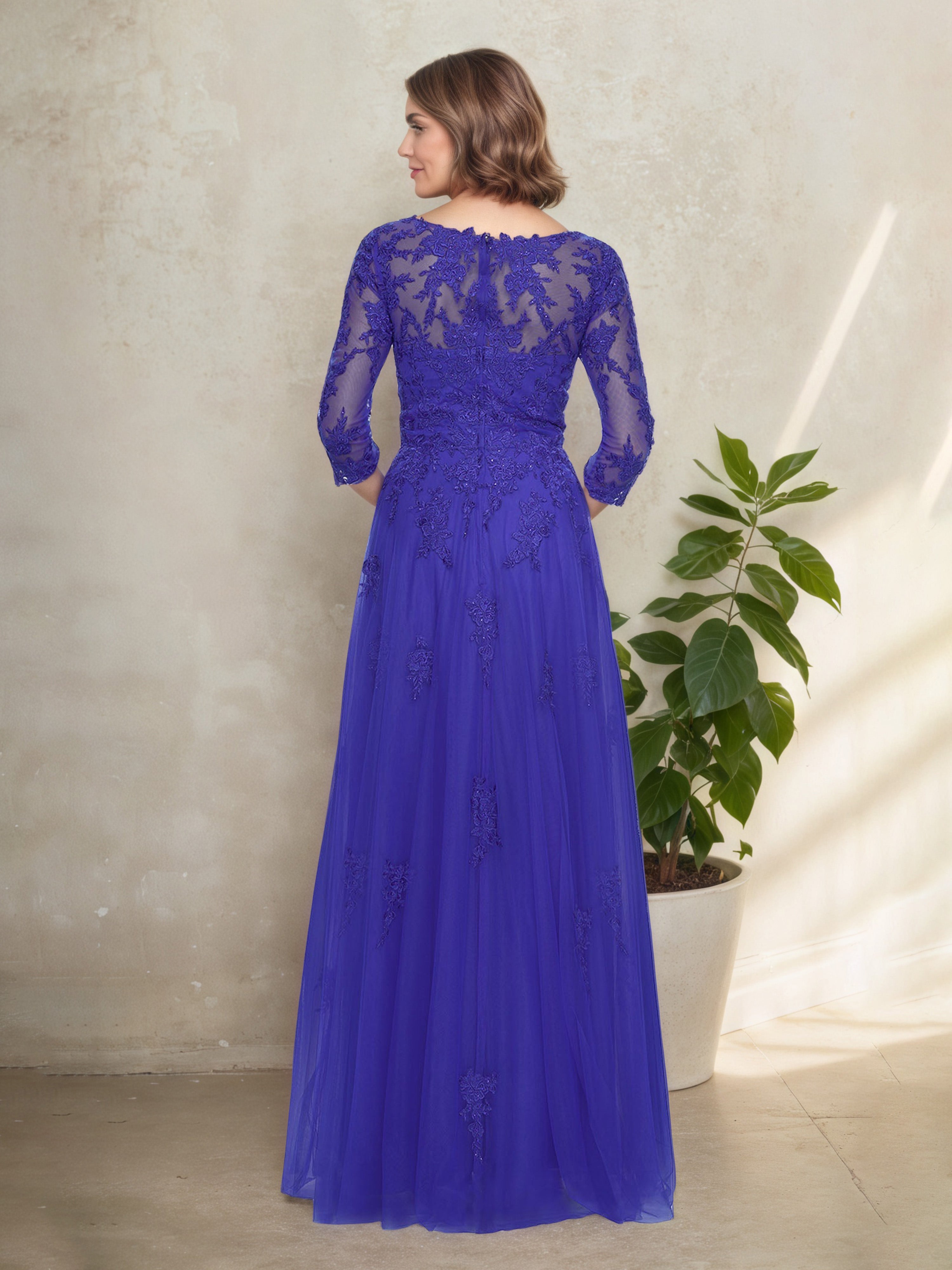Royal Blue Lace Mother of the Bride Dress with Illusion V-Neck and 3/4 Sleeves