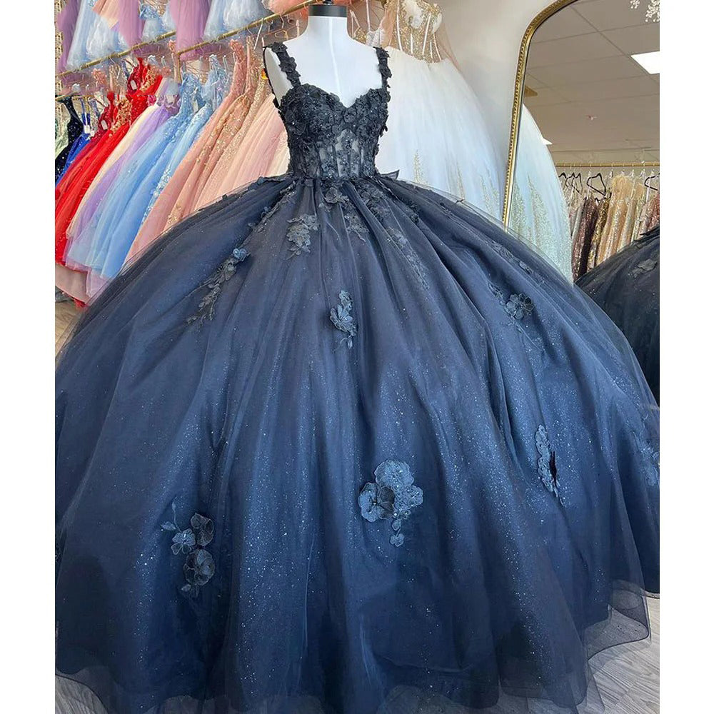 Elegant & Gorgeous Ball Gown Sweetheart Neck Straps 3D Flower Appliques Beaded Navy Blue Tulle Quinceanera Dress Princess Birthday Party Dress for Sweet 16