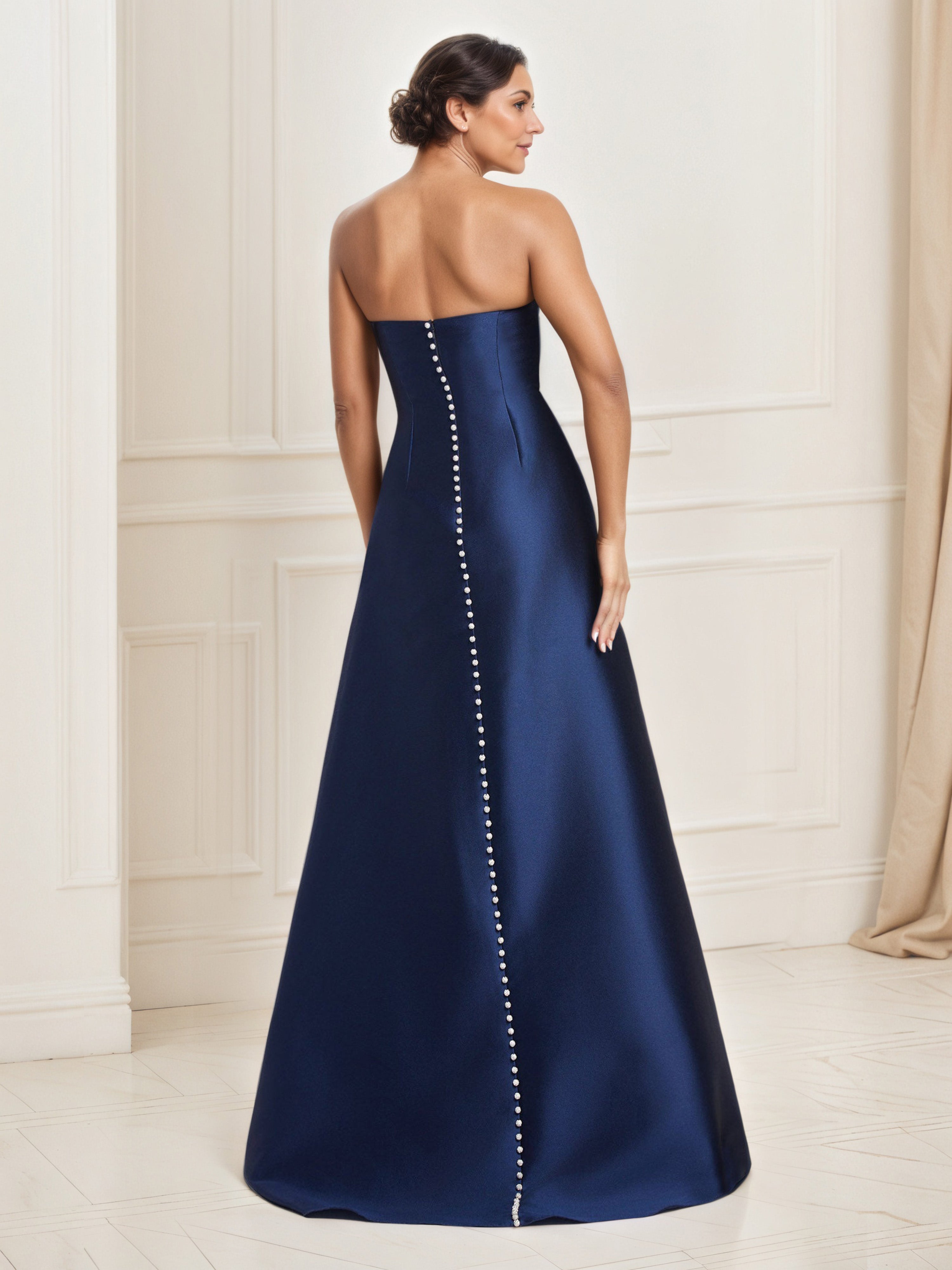 Dark Navy Satin A-Line Mother of the Bride Dress, Strapless and Floor-Length