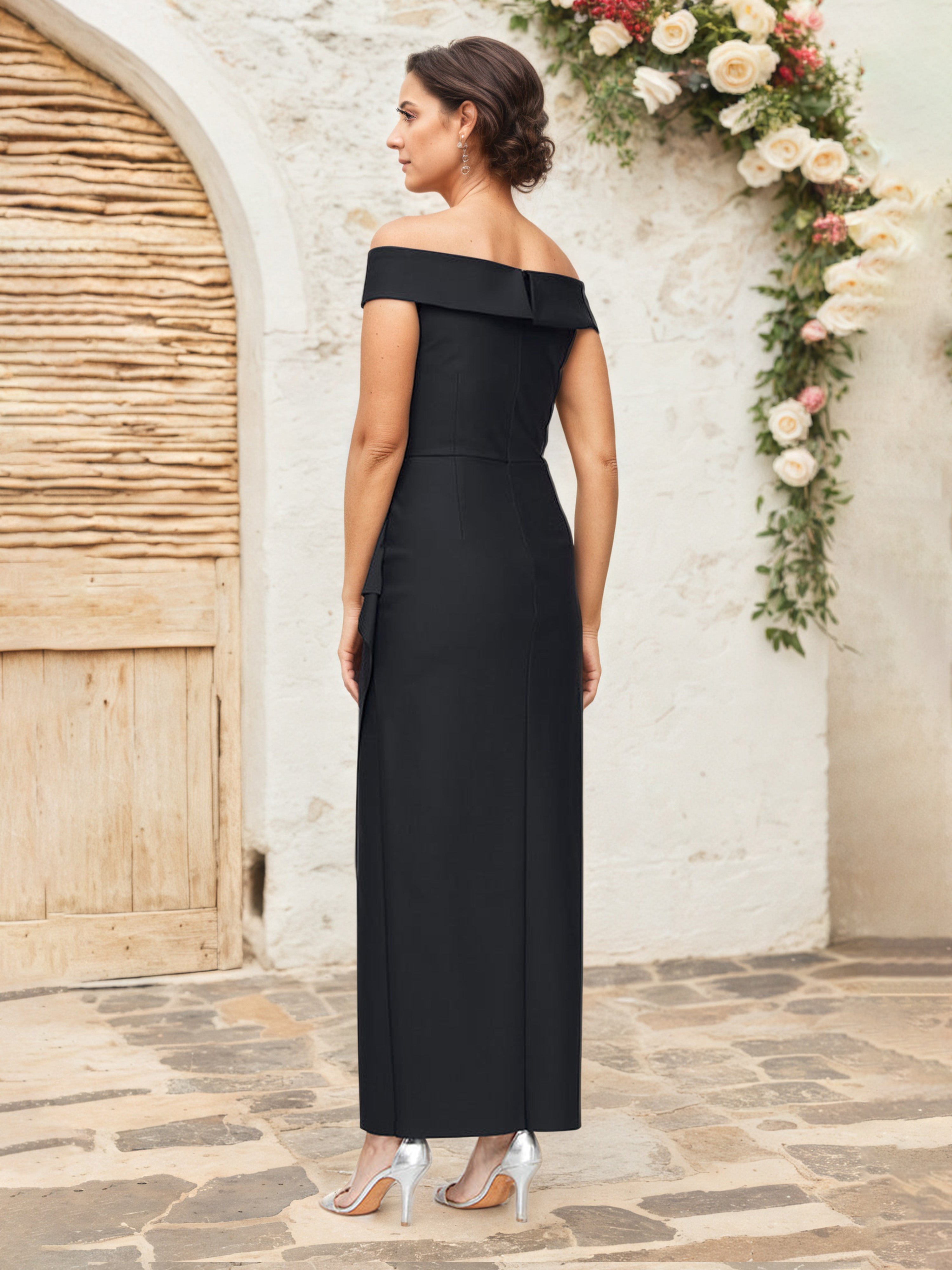 Black Off-the-Shoulder Elegant Mother of the Bride Dress with Embellished Details