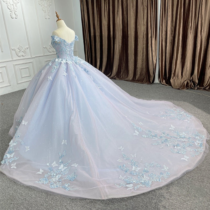 Chic & Modern Ball Gown Off Shoulder 3D Butterfly Lace Appliques Lace Up Lavender Tulle Quinceanera Dress for Sweet 16