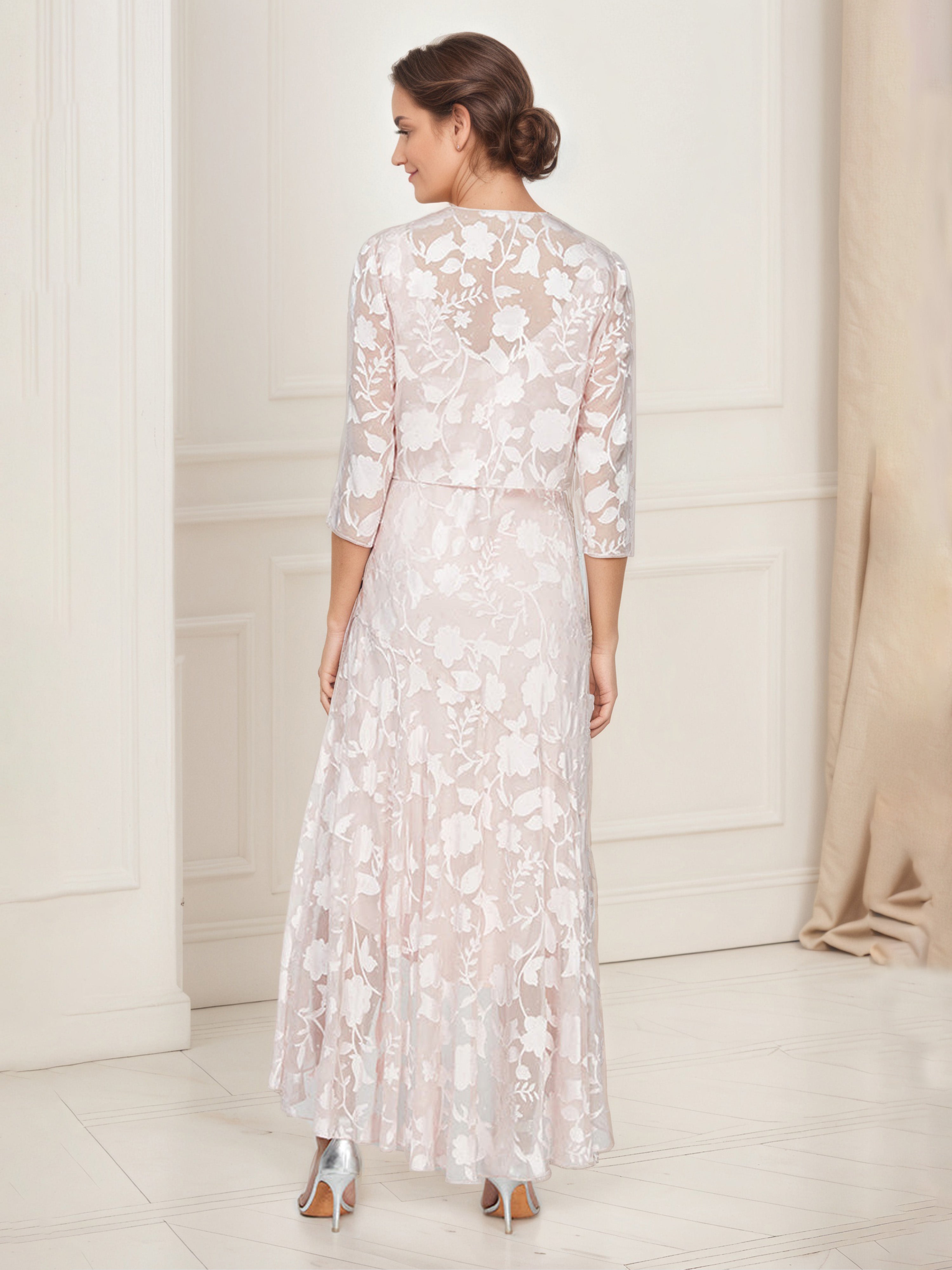 Blush Pink Lace High-Low V-Neck Mother of the Bride Dress with Matching Jacket