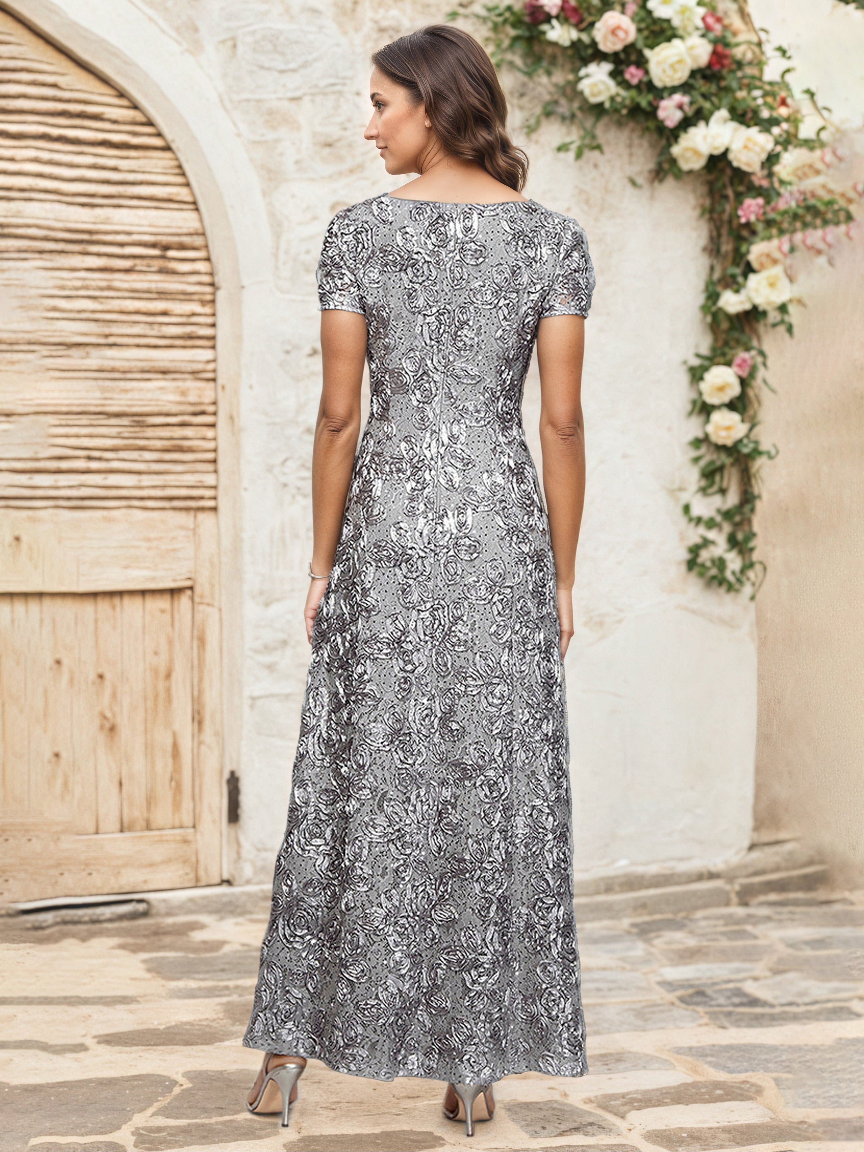 Silver A-Line Maxi Mother of the Bride Dress with Short Sleeves Lace Appliques and Sequin Details