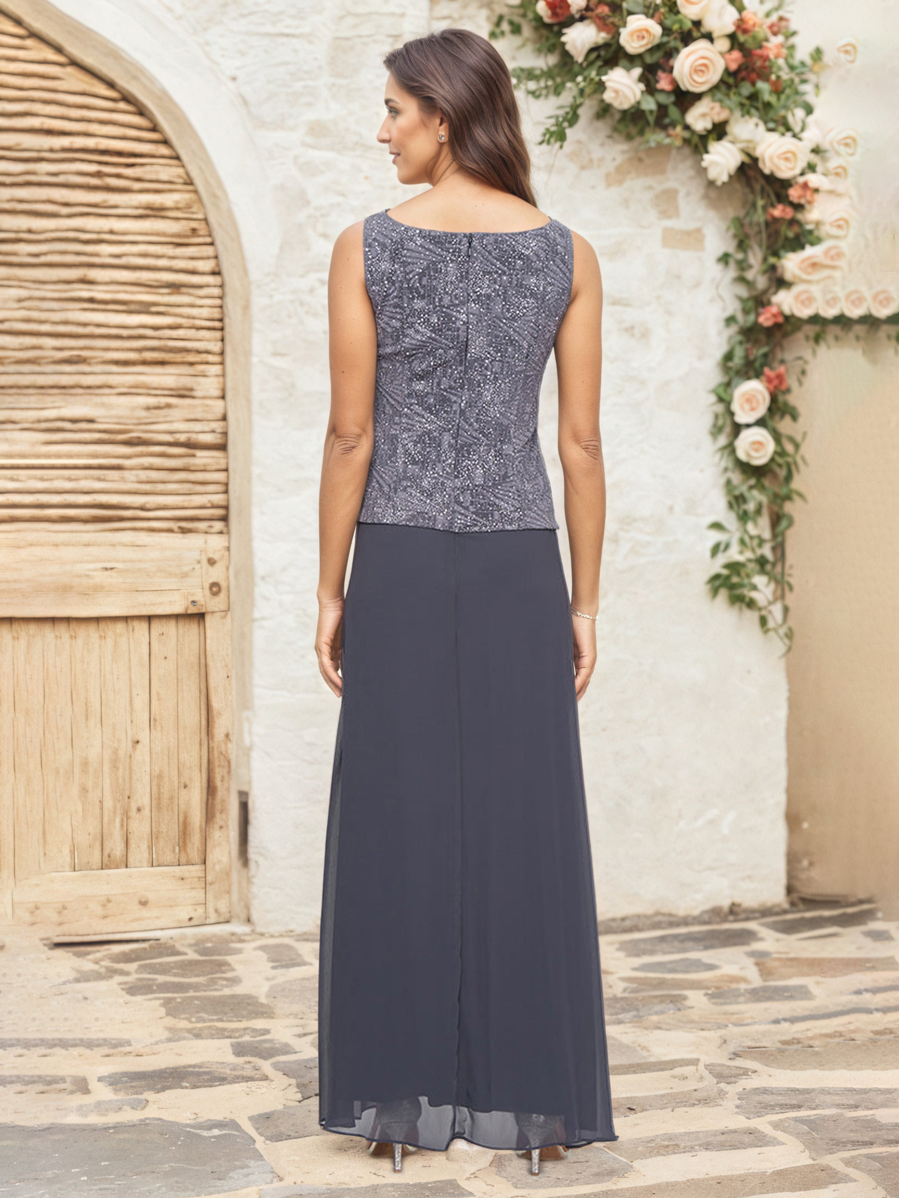 Steel Grey Chiffon Mother of the Bride Dress with Glitter Jacquard Fabric Mandarin Neckline and Matching Jacket