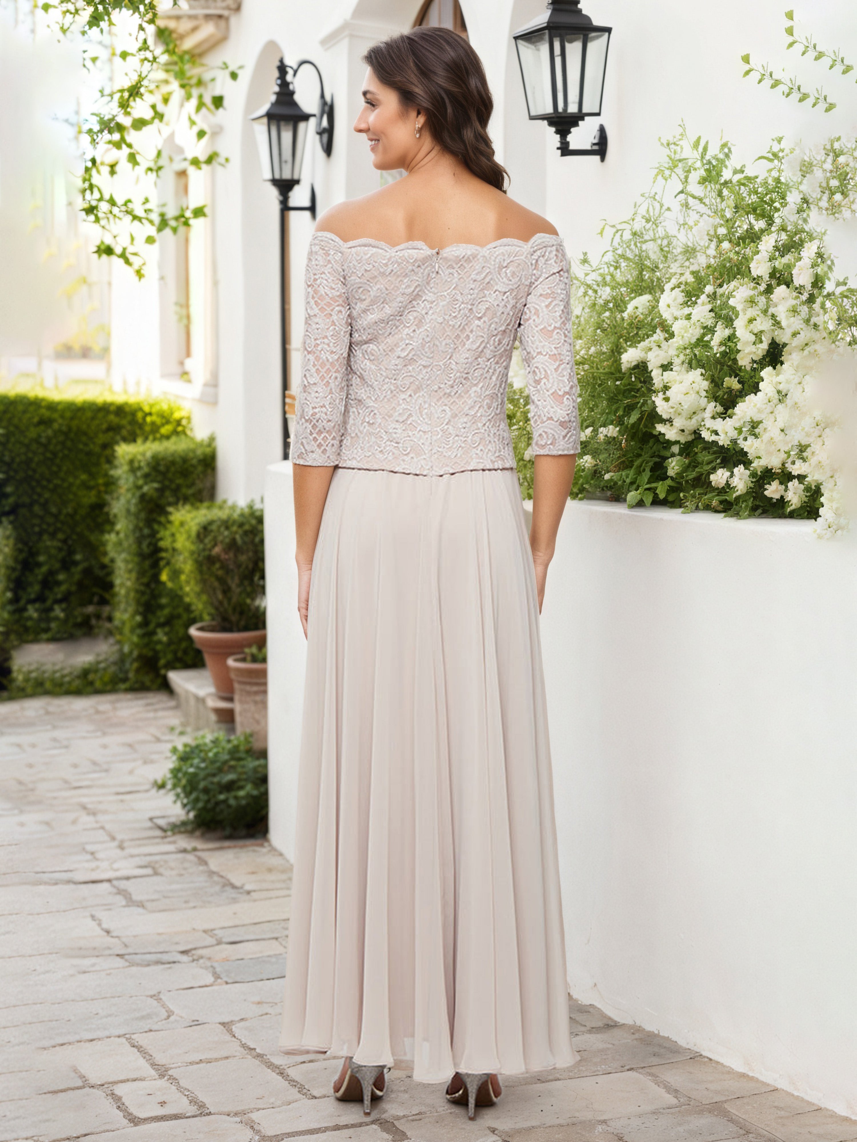 Taupe Off-the-Shoulder Chiffon Mother of the Bride Dress with Lace Top