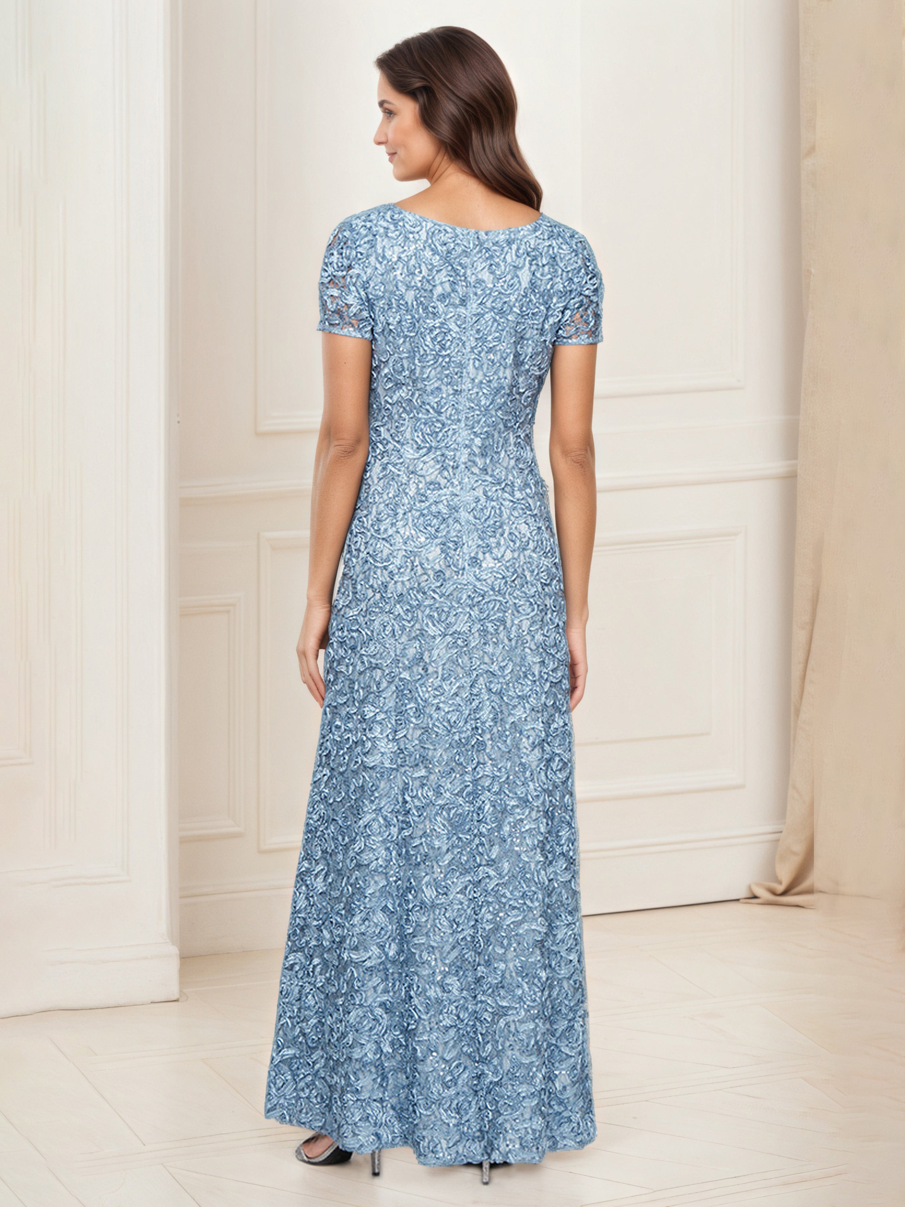 Dusty Blue A-Line Lace Mother of the Bride Dress with Round Neck and Short Sleeves