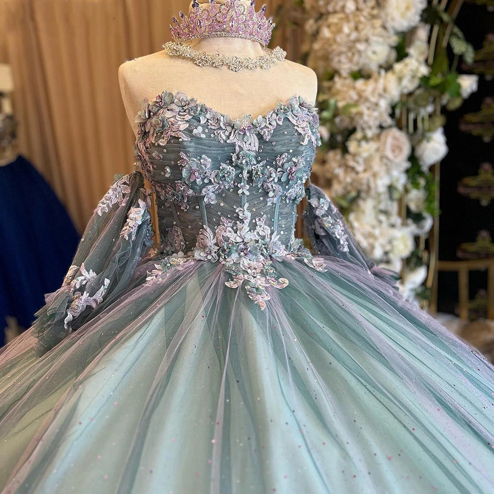 Ball Gown Off Shoulder Sweetheart Neck Quinceanera Dresses with Sleeves 3D Flowers Appliques Sparkly Beaded Tulle Lace Up Sweet 16 Dress Princess Party Gown