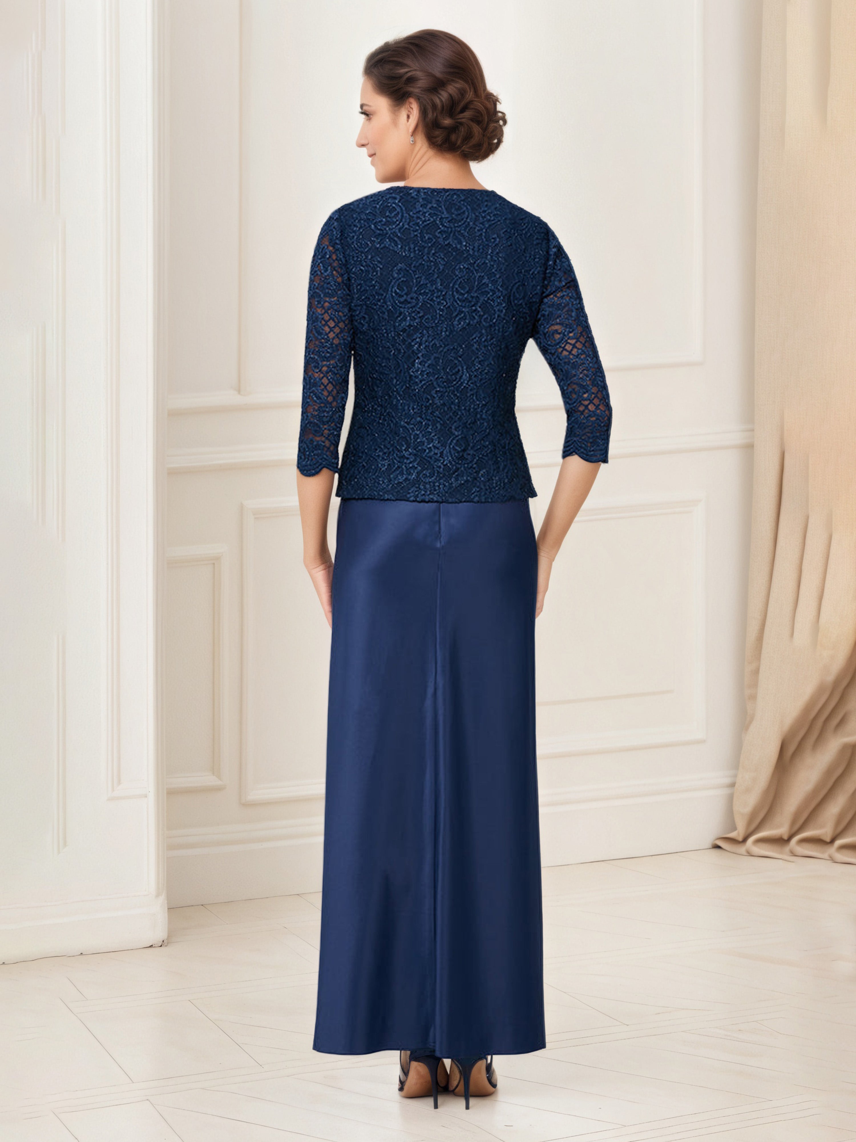 Dark Navy Satin Mother of the Bride Dress with Glitter Lace Bodice and Matching Lace Jacket