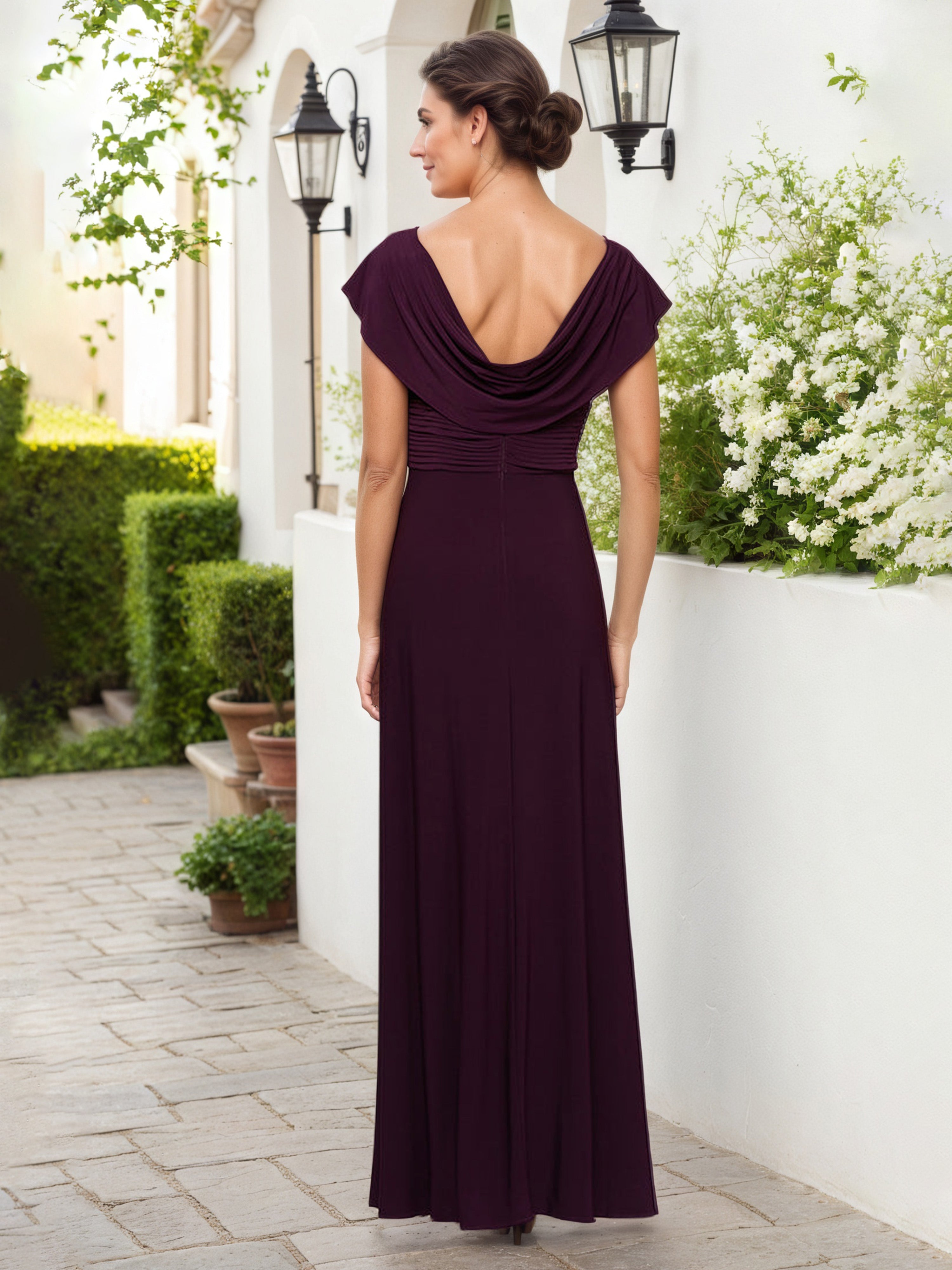 Burgundy Cowl Neck Pleated Mother of the Bride Dress with Embellished Details