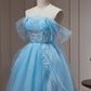 Blue Off The Shoulder Beading Appliques Tulle Short Homecoming Dresses