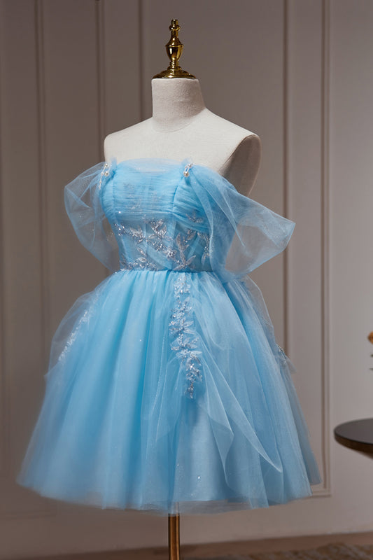Blue Off The Shoulder Beading Appliques Tulle Short Homecoming Dresses