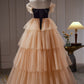Pretty Champagne Off The Shoulder Beading A Line Tulle Long Prom Dresses