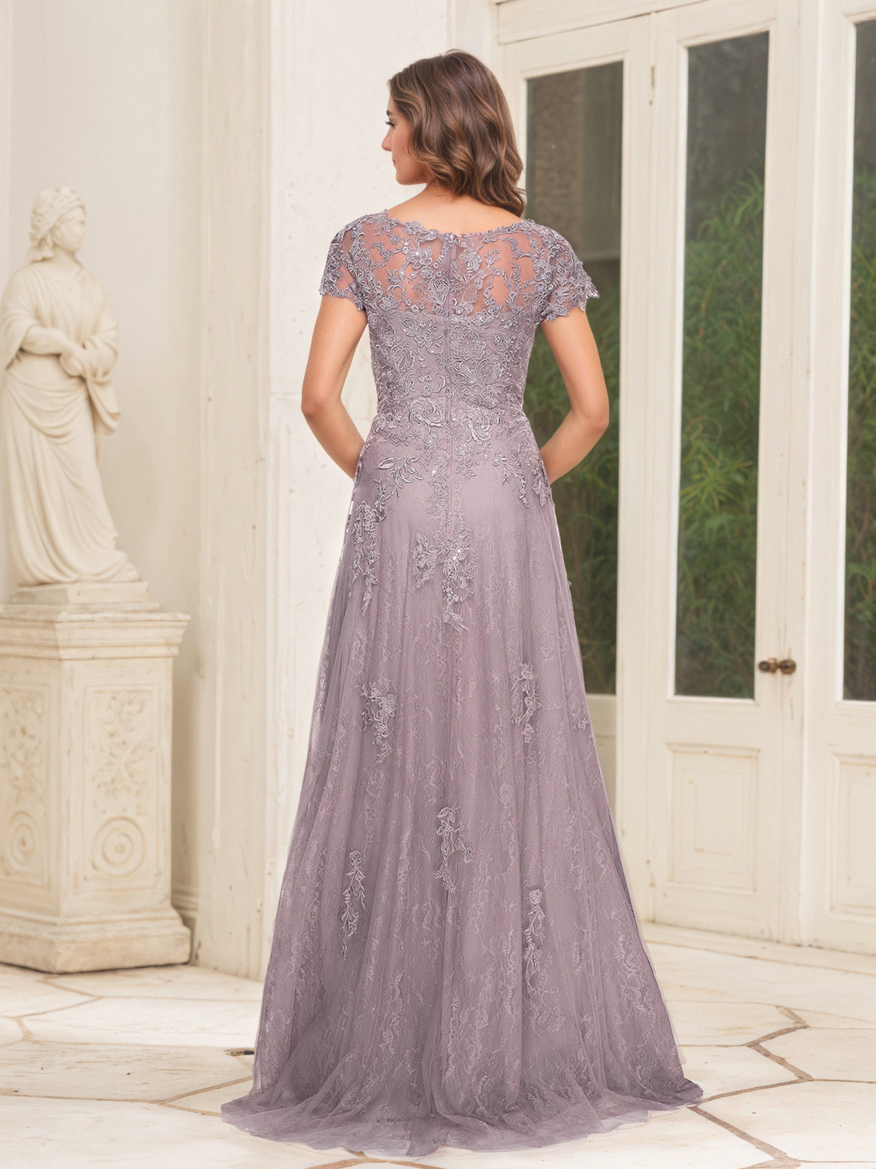 Wisteria Lace V-Neck Mother of the Bride Dress with Short Sleeves