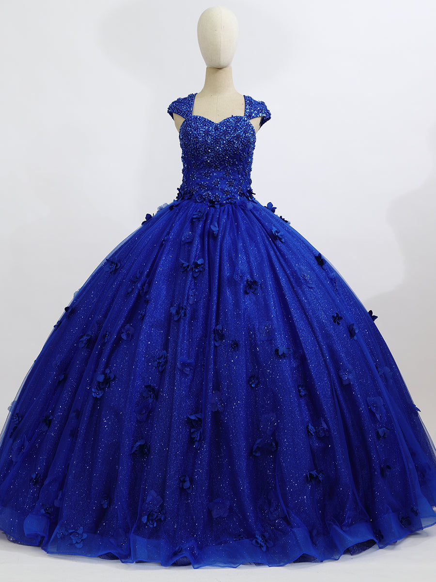 Glamorous Ball Gown Sweetheart Neck Sequins Appliques Royal Blue Tulle Quincea?era Dress for Sweet 16