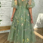 Green V Neck Short Sleeves Ankle Length Floral Tulle Short Prom Dresses