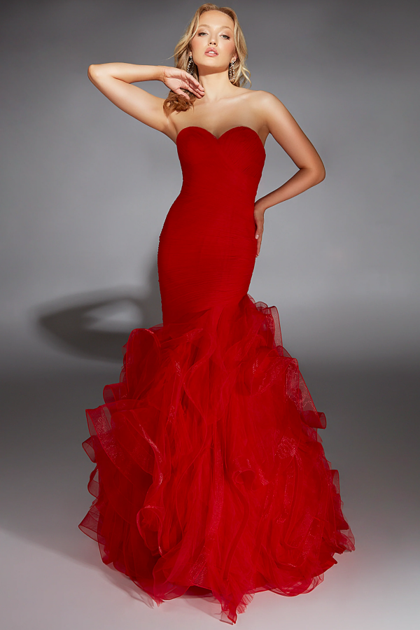 Sexy Mermaid Strapless Sleeveless Tulle Tiered Formal Prom Dresses Gown Red Floor Length Evenng Party Dress Wedding Guest Dress