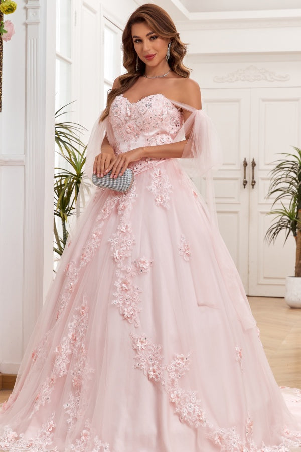 Elegant & Modern Ball Gown Off Shoulder Sleeveless Beaded Flower Appliques Baby Pink Tulle Quinceanera Dress Formal Evening Gown for Sweet 16