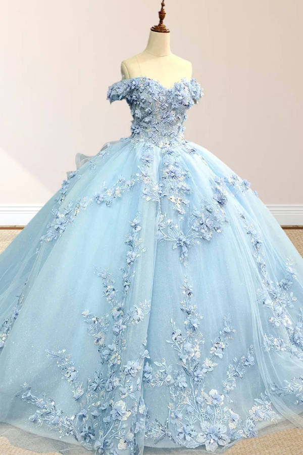 Chic & Modern Ball Gown Off Shoulder 3D Flower Appliques Lace Up Sweep Train Baby Blue Tulle Quinceanera Dress Birthday Party Dress for Sweet 16
