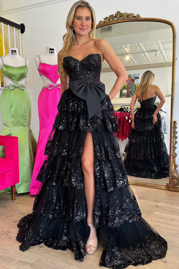 A-Line Strapless Sleeveless Lace Sequins Apliques Tiered High Side Slit Floor Length Prom Dresses Dress Evening Party Gown with Bow Knot